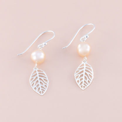 Sterling Silver Peach Pearl and Leaf Earrings - The Silver Alchemist