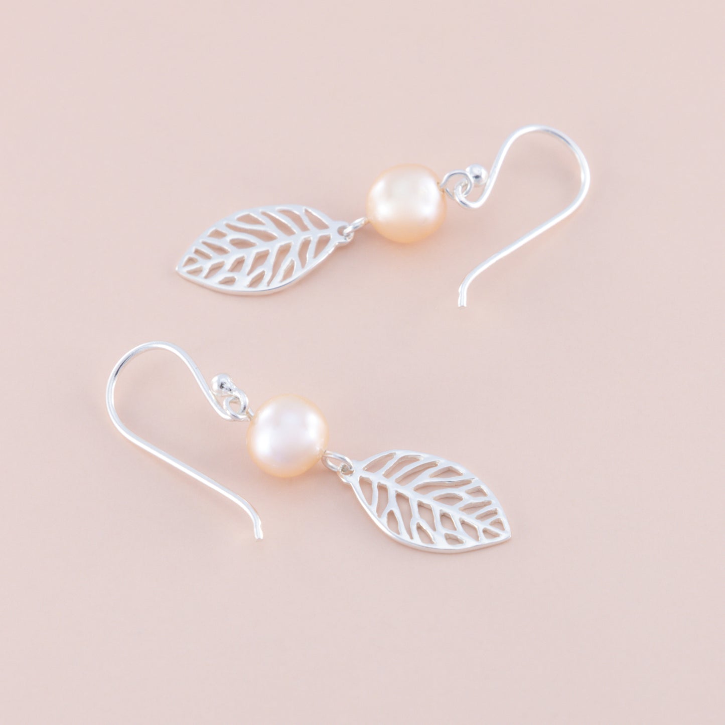 Sterling Silver Peach Pearl and Leaf Earrings - The Silver Alchemist