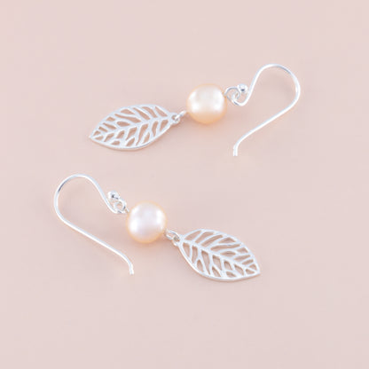 Sterling Silver Peach Pearl and Leaf Earrings - The Silver Alchemist