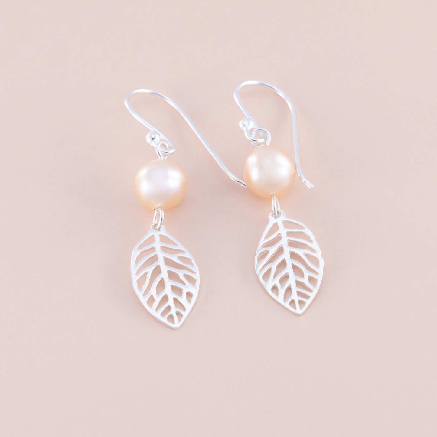 Peach Pearl and Leaf Earrings