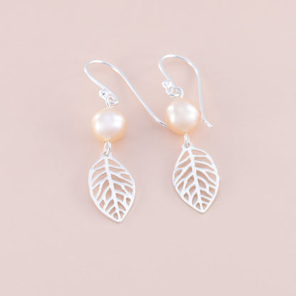 Peach Pearl and Leaf Earrings