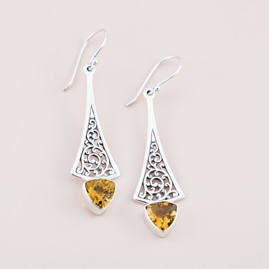 Sterling Silver Citrine Filigree Drop Earrings - The Silver Alchemist 