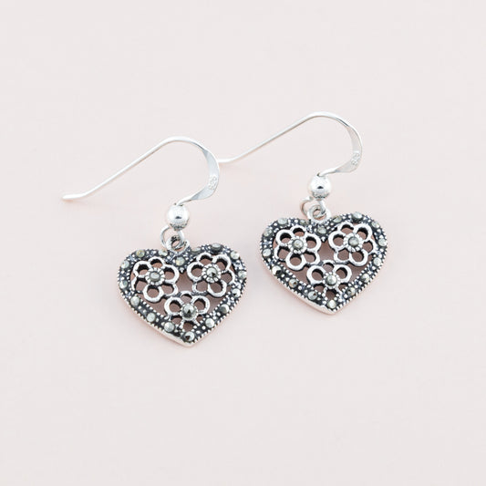 Sterling Silver Marcasite Heart Dangle Earrings - The Silver Alchemist