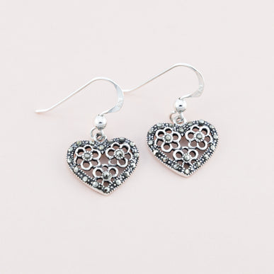 Sterling Silver Marcasite Heart Dangle Earrings Sterling Silver Marcasite Heart Dangle Earrings