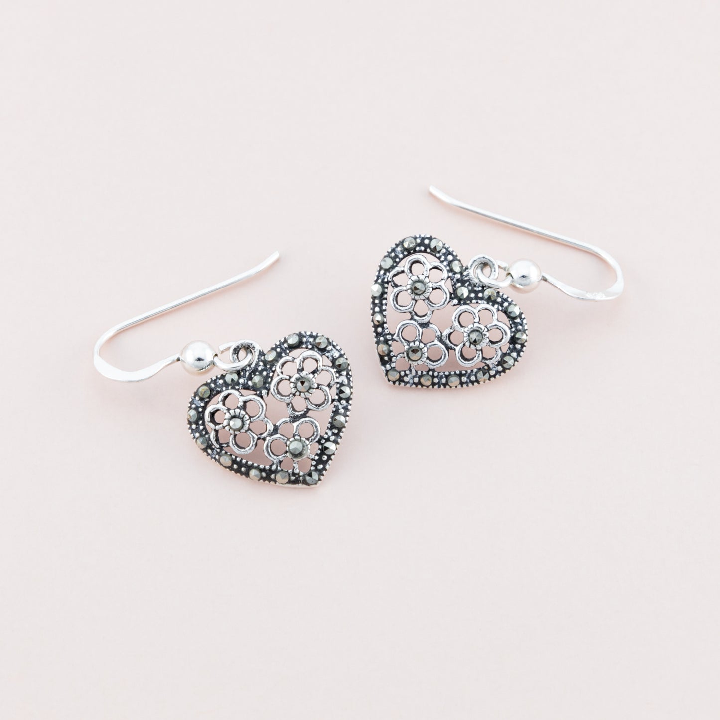 Sterling Silver Marcasite Heart Dangle Earrings - The Silver Alchemist