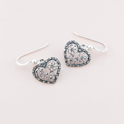 Sterling Silver Marcasite Heart Dangle Earrings - The Silver Alchemist