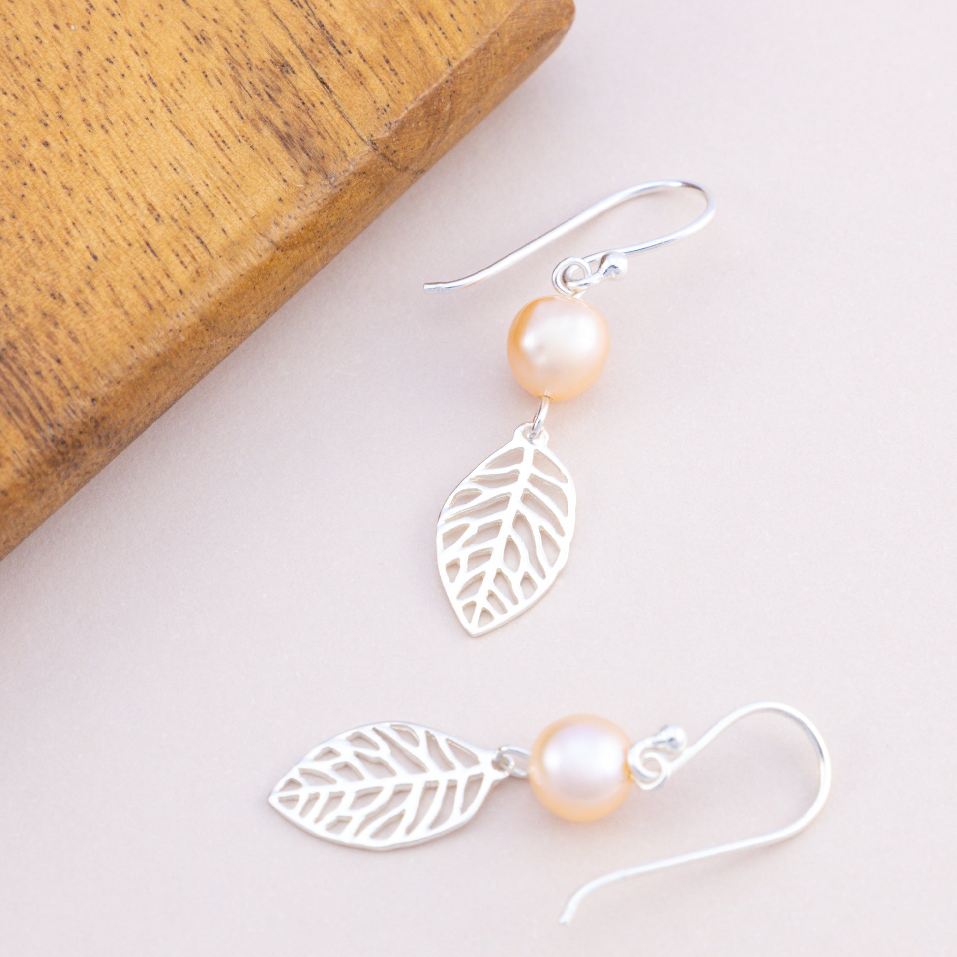 Sterling Silver Peach Pearl and Leaf Earrings - The Silver Alchemist