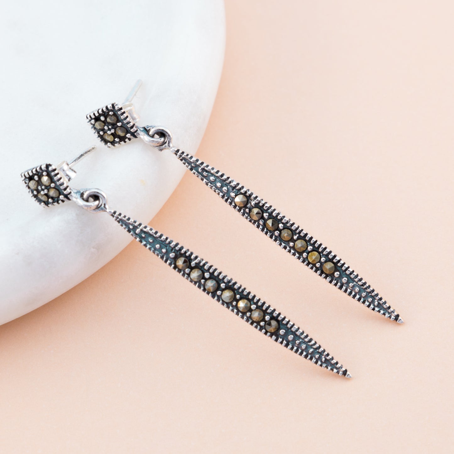 Sterling Silver Marcasite Long Drop Earrings - The Silver Alchemist