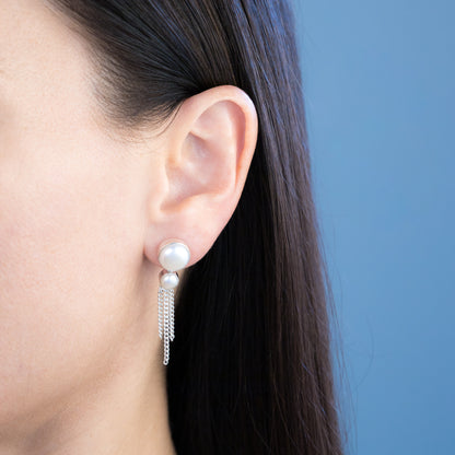 Sterling Silver Double Pearl Chain Earrings - The Silver Alchemist