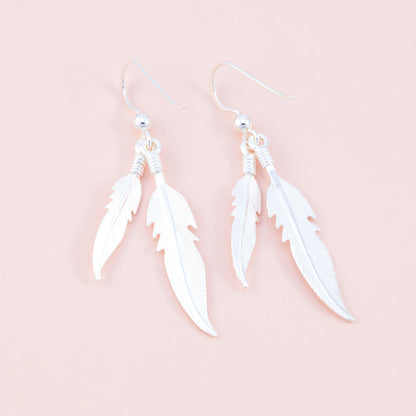 Double Feather Silver Earrings