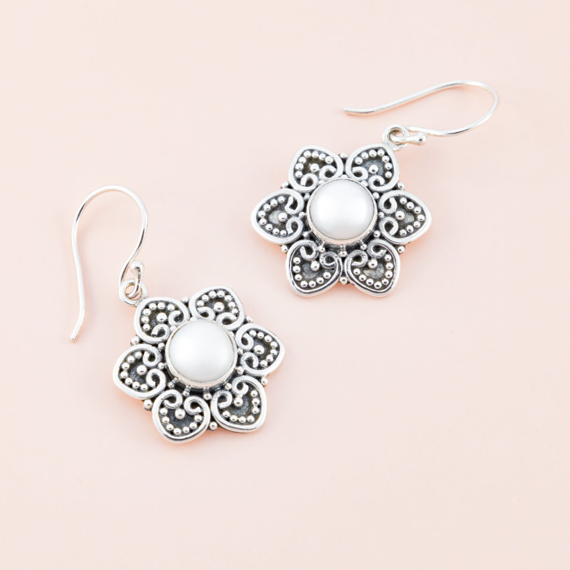 Sterling Silver Intricate Flower Pearl Earrings - The Silver Alchemist