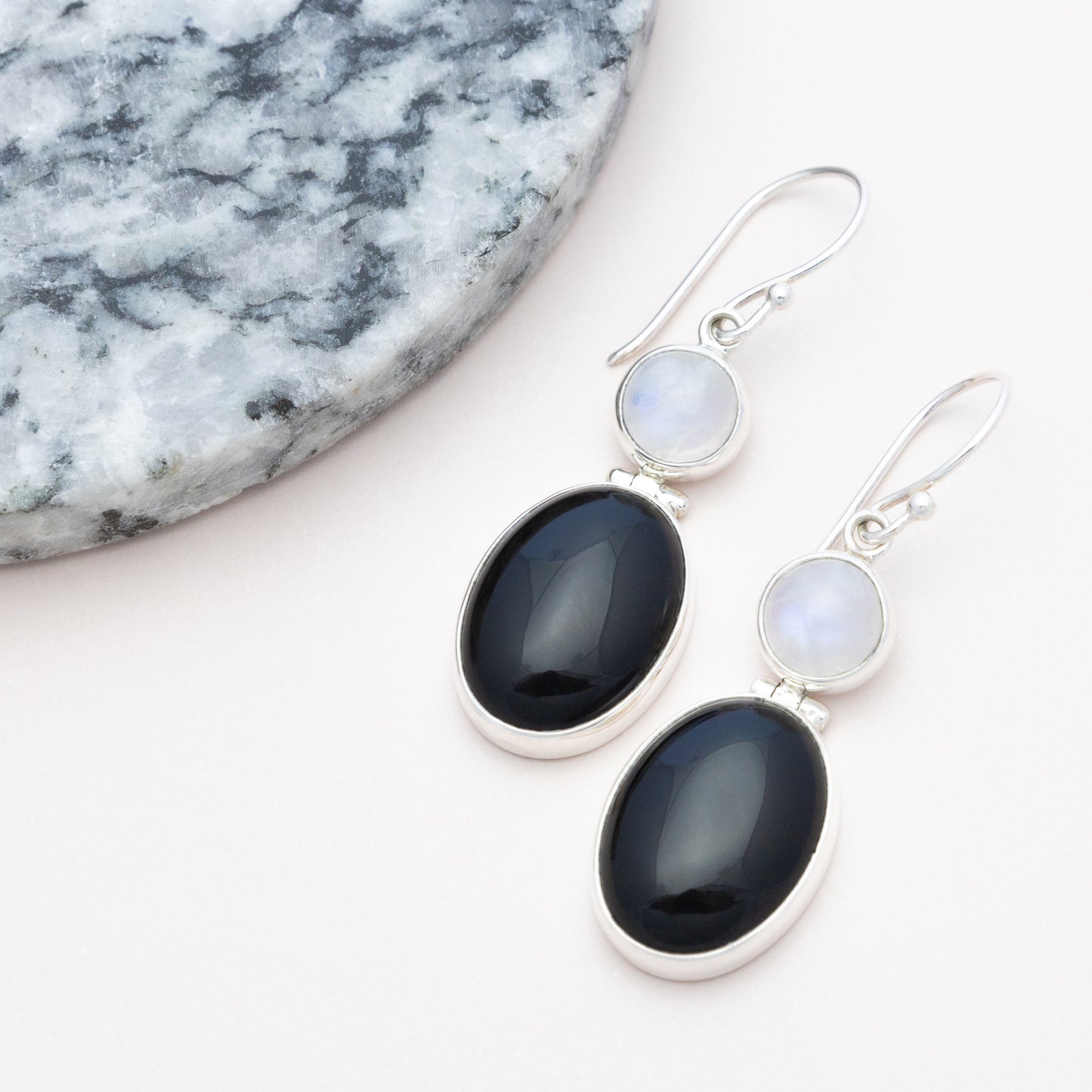 Sterling Silver Rainbow Moonstone and Black Onyx Earrings - The Silver Alchemist