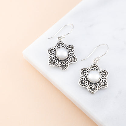 Intricate Flower Pearl Earrings