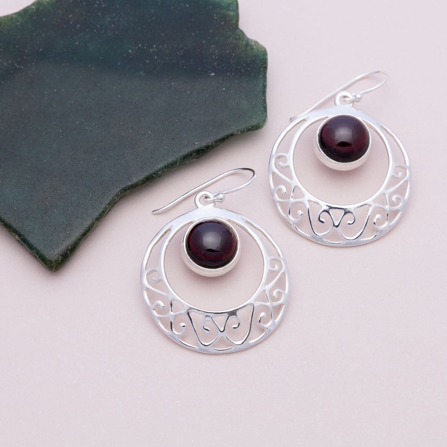 Sterling Silver Garnet Filigree Dangle Earrings - The Silver Alchemist