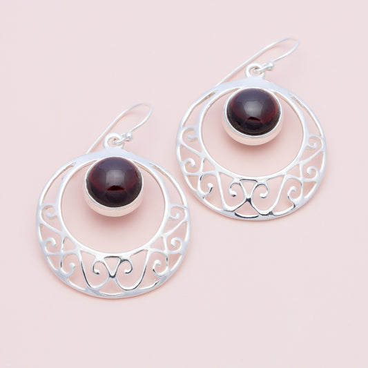 Sterling Silver Garnet Filigree Dangle Earrings - The Silver Alchemist