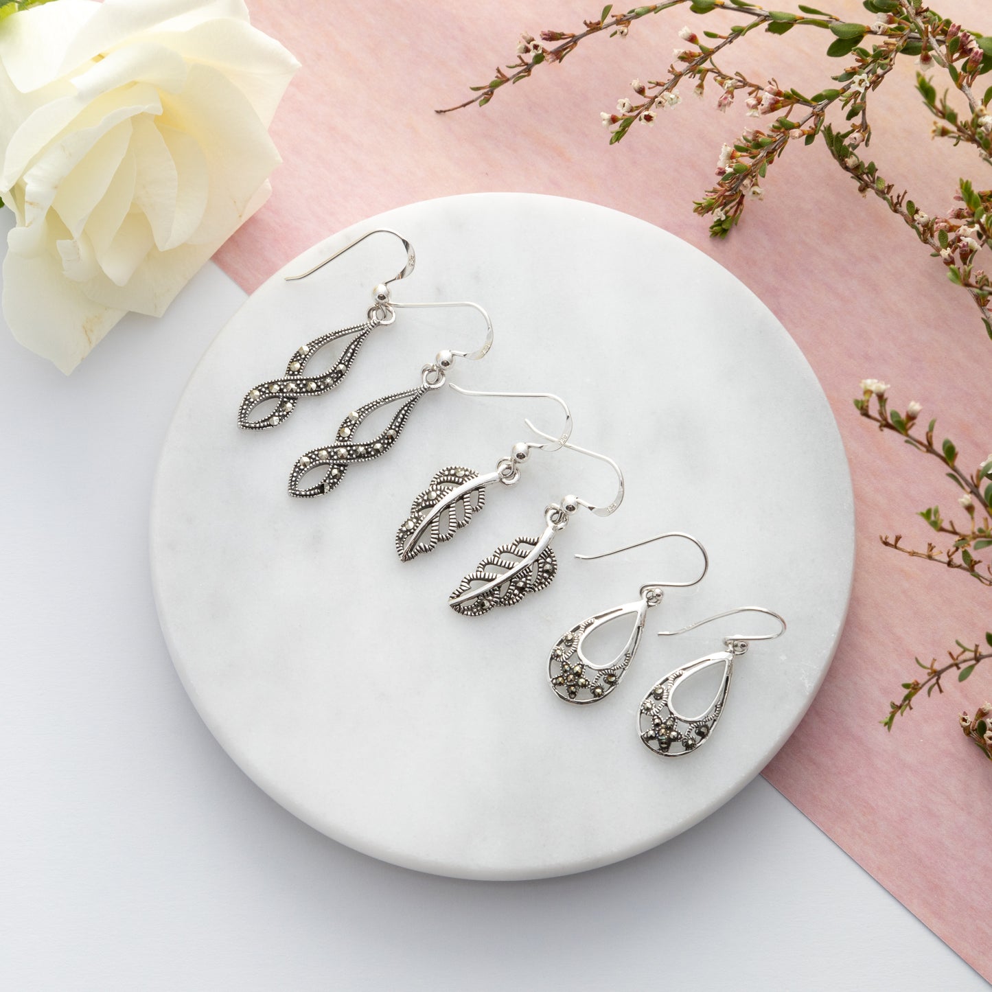 Sterling Silver Droplet Marcasite Earrings - The Silver Alchemist