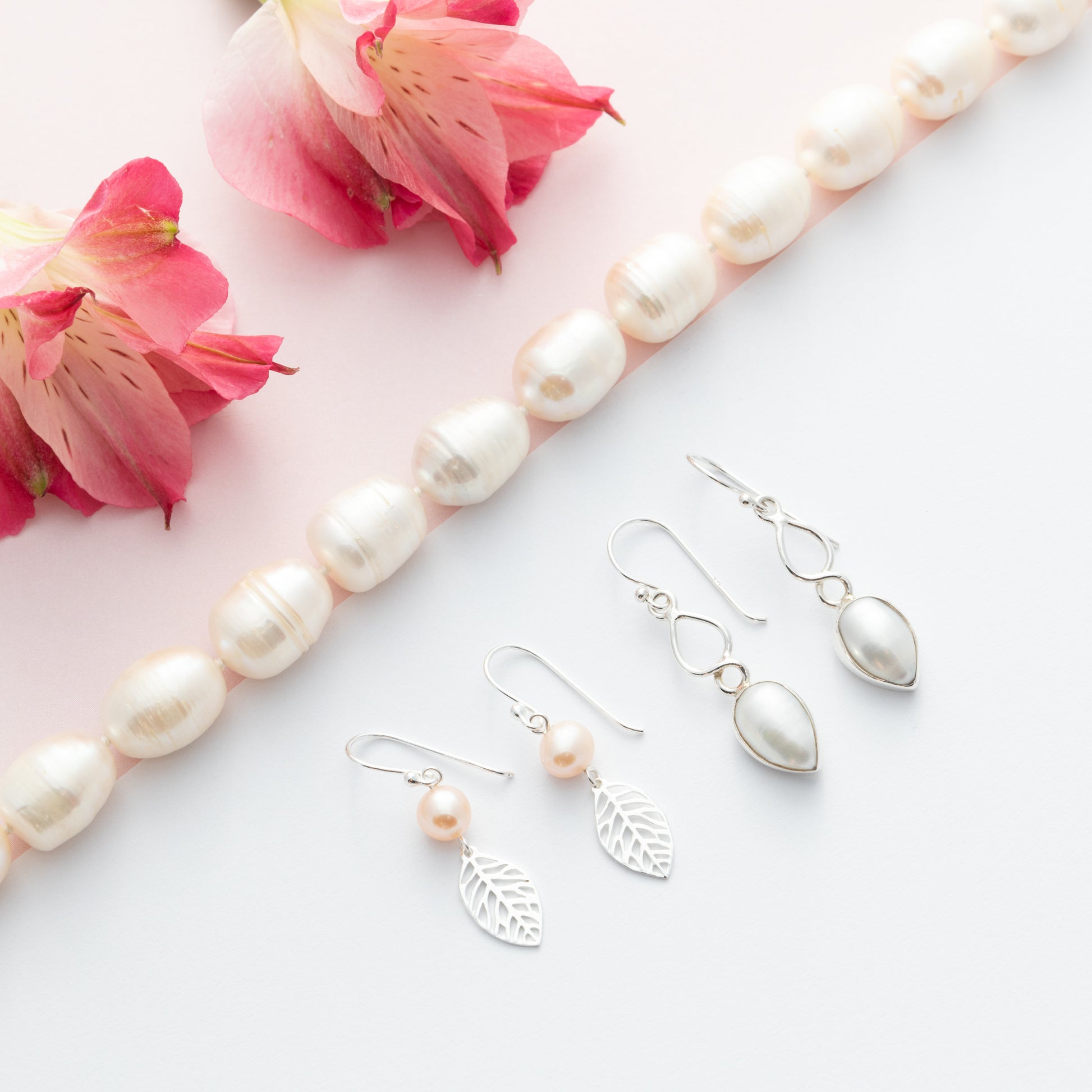 Sterling Silver Peach Pearl and Leaf Earrings - The Silver Alchemist