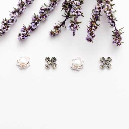 Sterling Silver Pearl Flower Studs - The Silver Alchemist