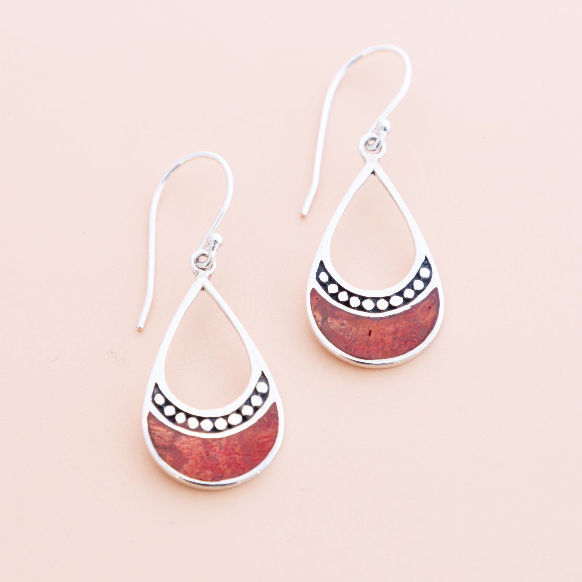 Sterling Silver Red Coral  Water Drop Earrings - The Silver Alchemist