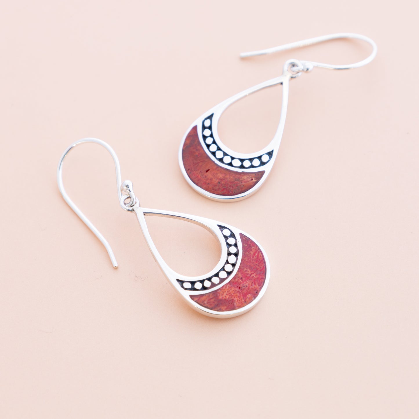 Sterling Silver Red Coral  Water Drop Earrings - The Silver Alchemist