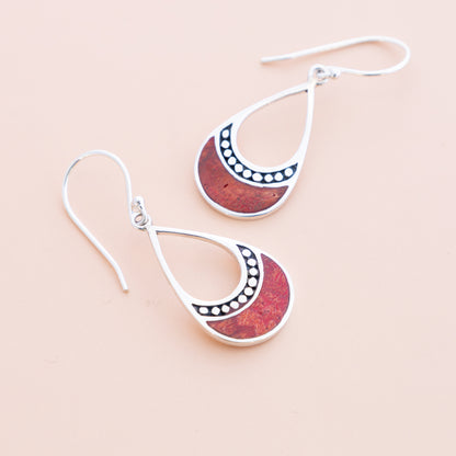 Sterling Silver Red Coral  Water Drop Earrings - The Silver Alchemist