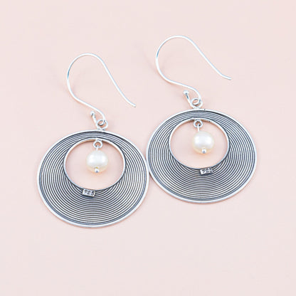 Disc and Pearl Silver Earrings