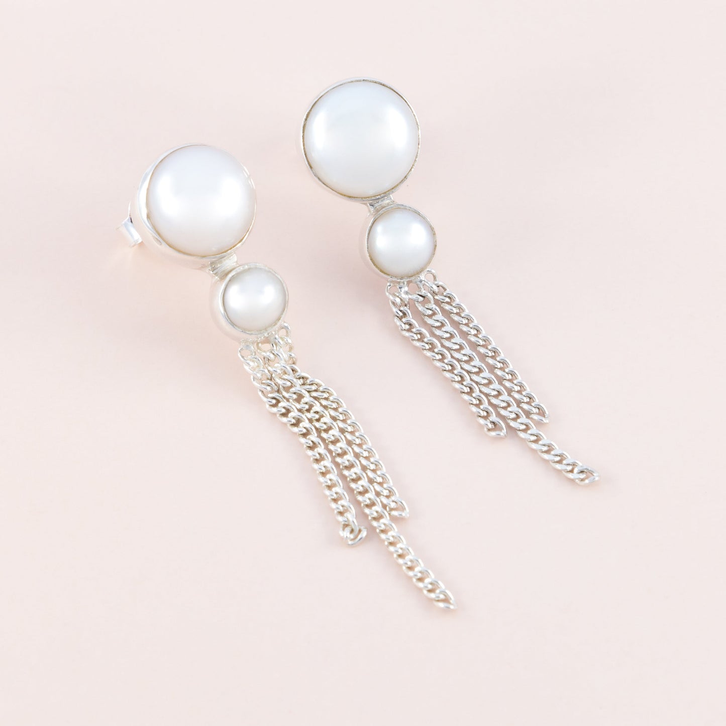 Sterling Silver Double Pearl Chain Earrings - The Silver Alchemist