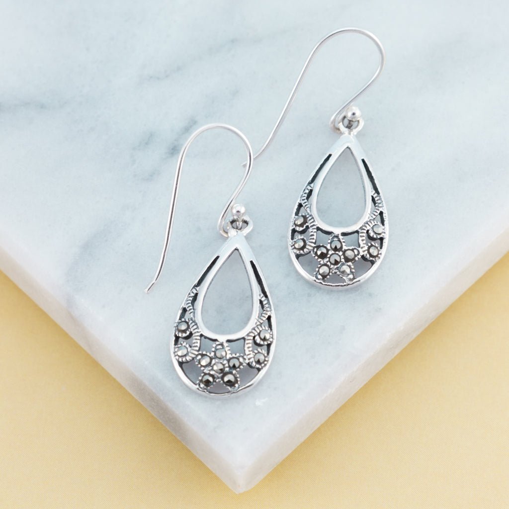 Sterling Silver Droplet Marcasite Earrings - The Silver Alchemist