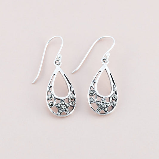 Sterling Silver Droplet Marcasite Earrings - The Silver Alchemist