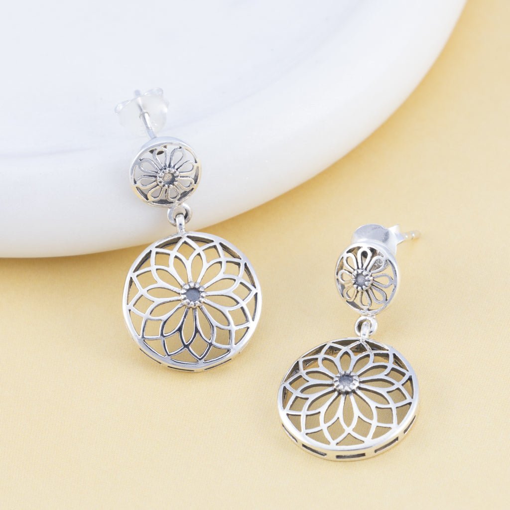 Sterling Silver Flower Of Life Dangle Earrings - The Silver Alchemist